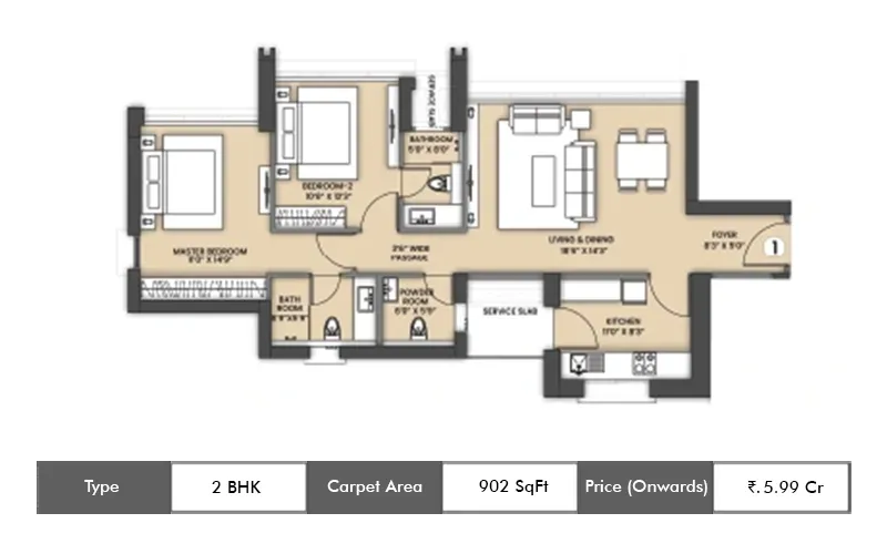 Sheth One Marina 2 BHK floor plan, 902 sq ft carpet area